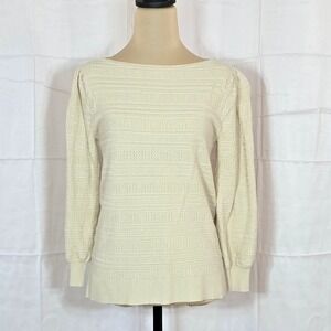 Ann Taylor Factory Cream Textured Pointelle Cable Knit Boat Neck Sweater Small